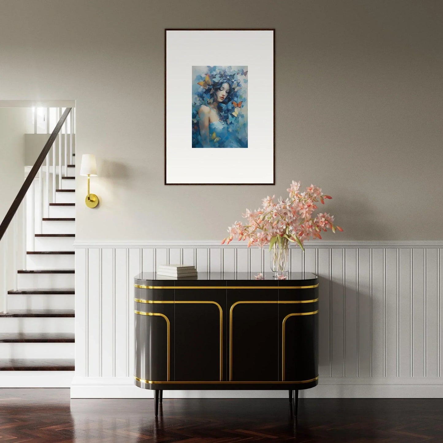 Elegant black and gold sideboard enhancing Dream Rhapsody room decor with sleek design