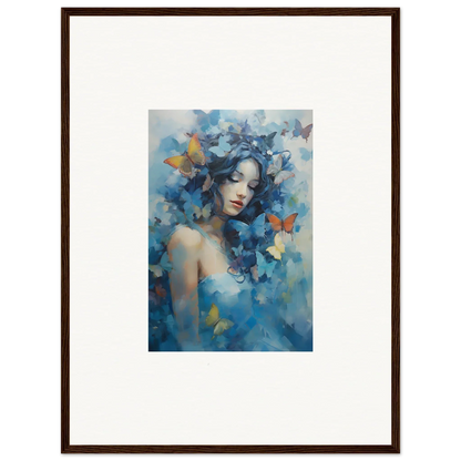 Framed wall art of a woman with blue butterflies for serene dream rhapsody room decor