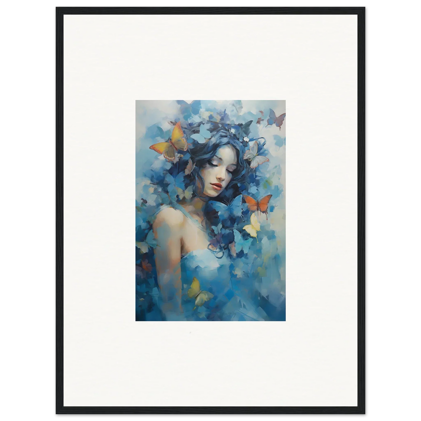 Framed wall art of a woman surrounded by blue butterflies for dream rhapsody room decor