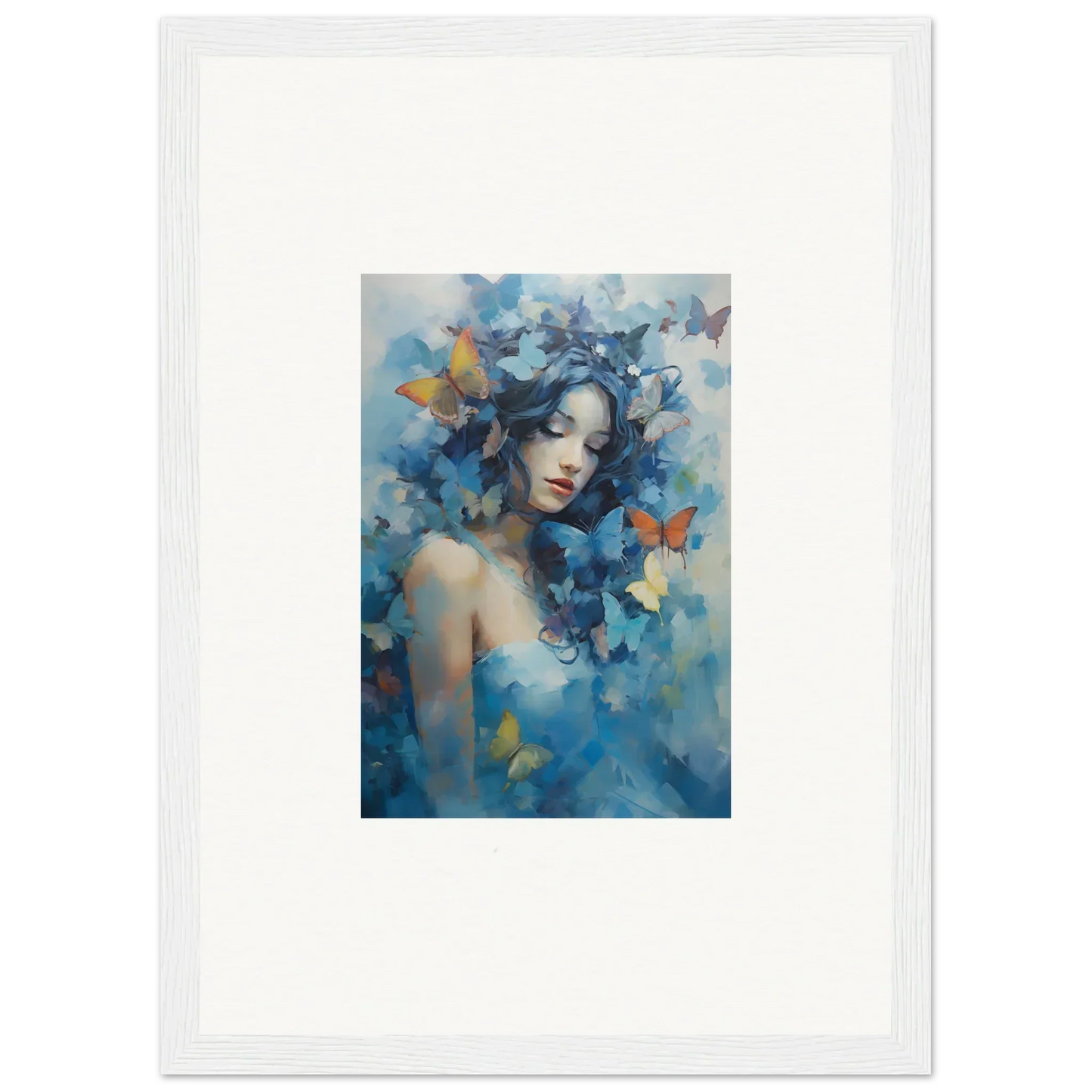 Framed wall art of a woman with blue butterflies, perfect for dream rhapsody room decor