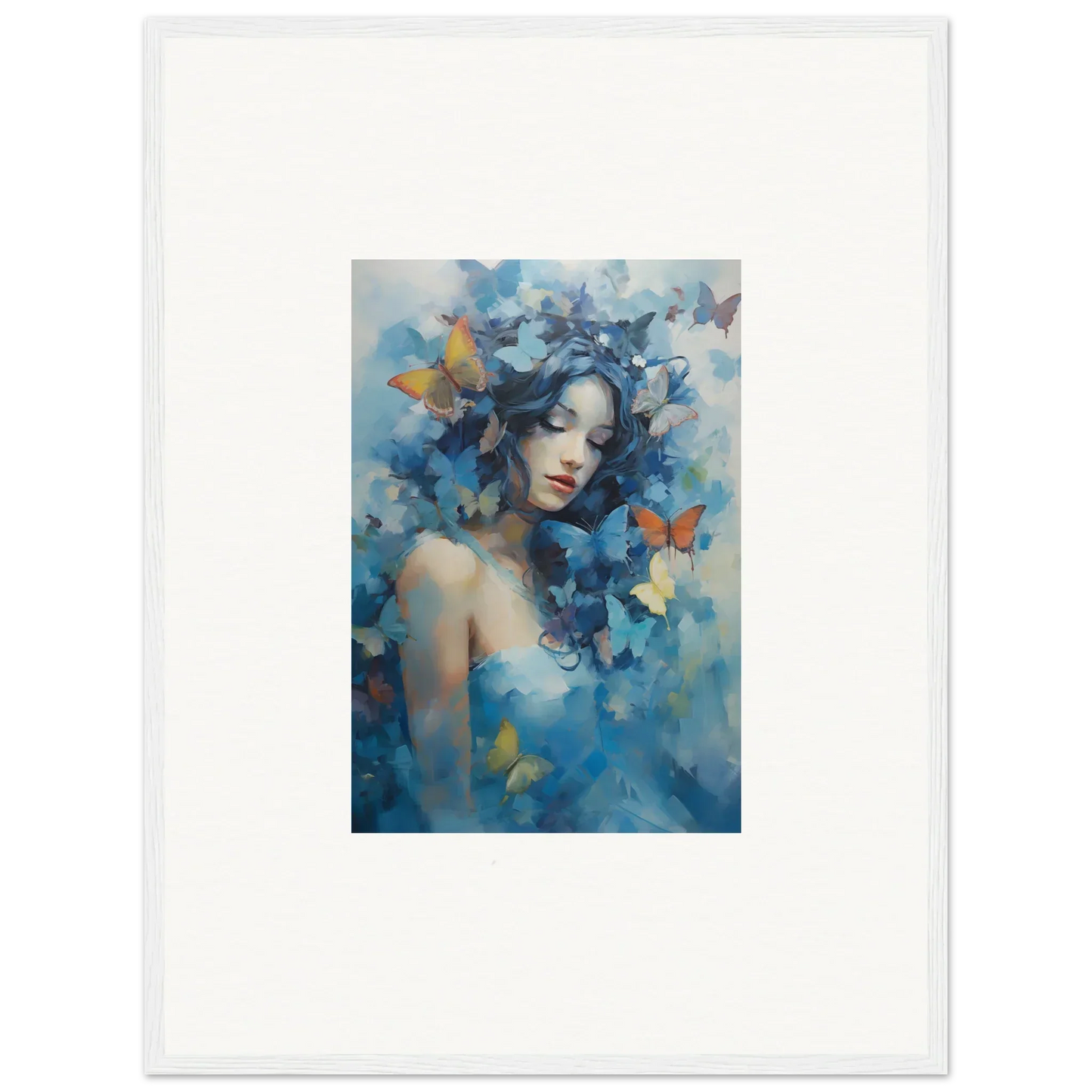 Painting of a woman with blue butterflies for Lucid Dream Rhapsody room decor