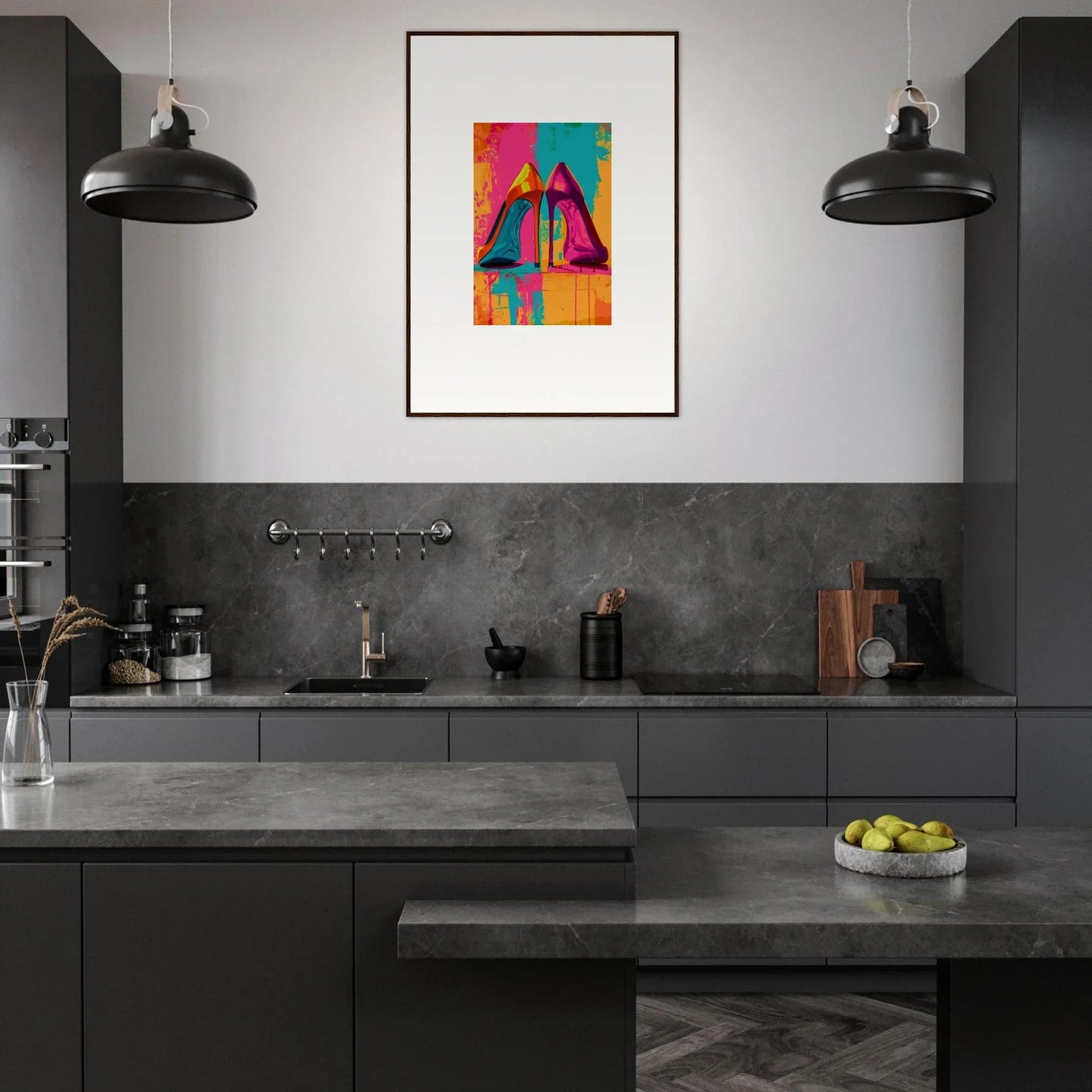 Modern kitchen with dark cabinetry, concrete countertops, and vibrant wall art canvas print