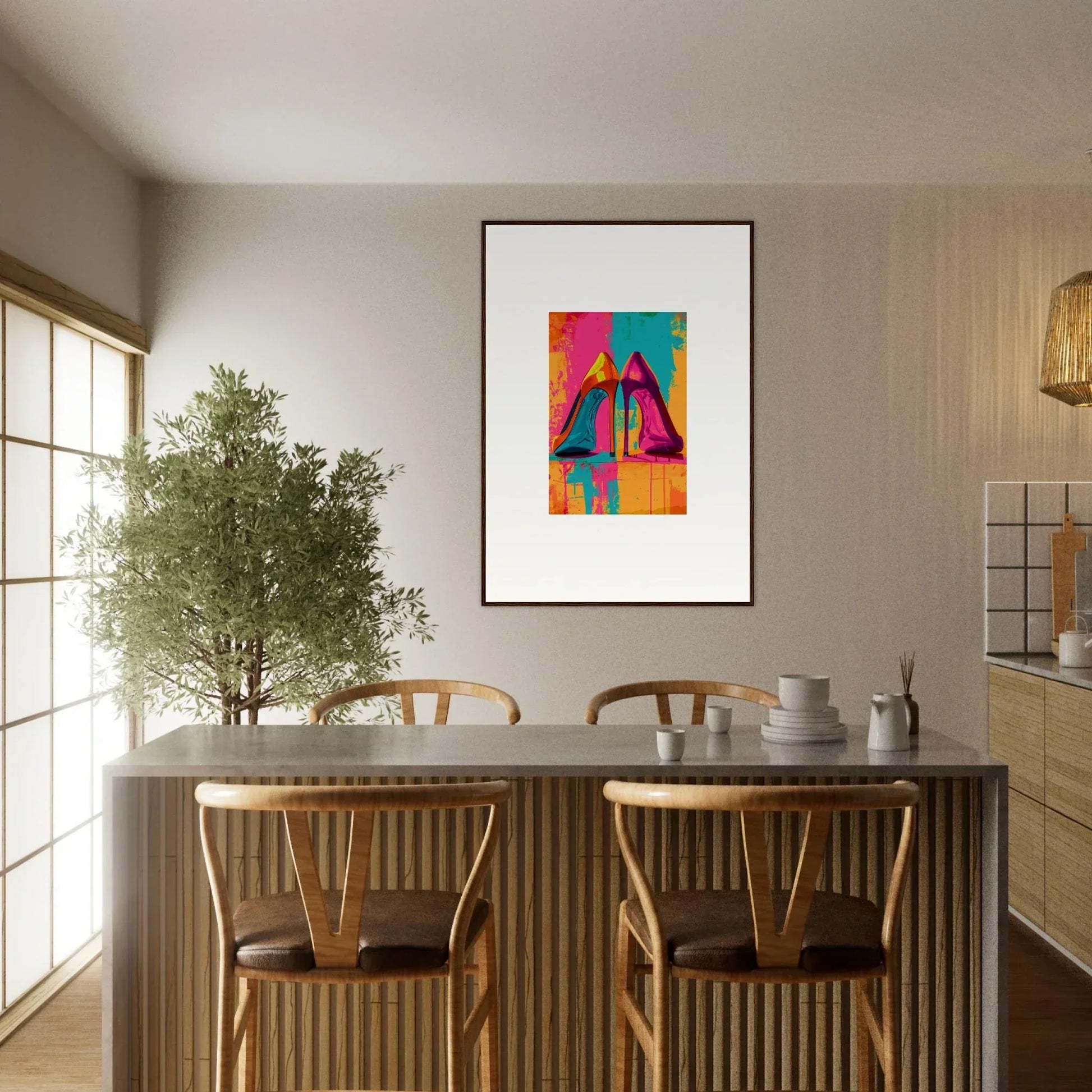 Dining area showcasing vibrant wall art and stylish chairs, perfect for room decoration