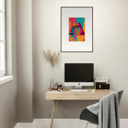 Minimalist home office with wooden desk, computer, and vibrant wall art for room decoration