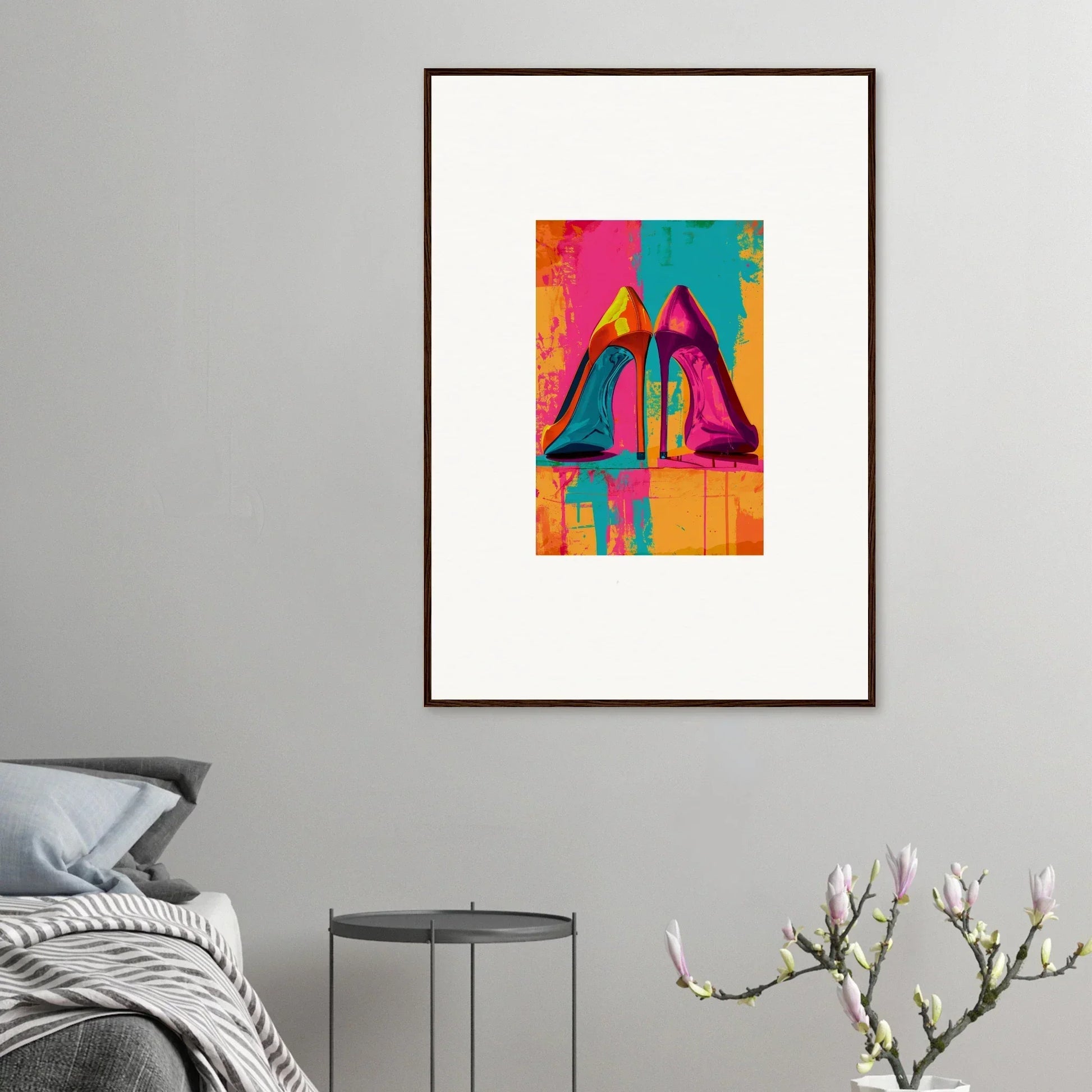 Vibrant pink and yellow high-heeled shoes canvas print for fun room decoration