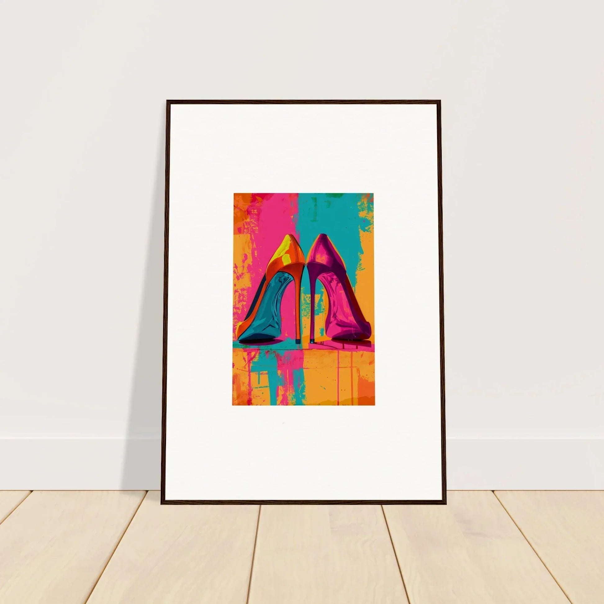 Framed colorful pop art canvas print of high-heeled shoes for trendy room decoration