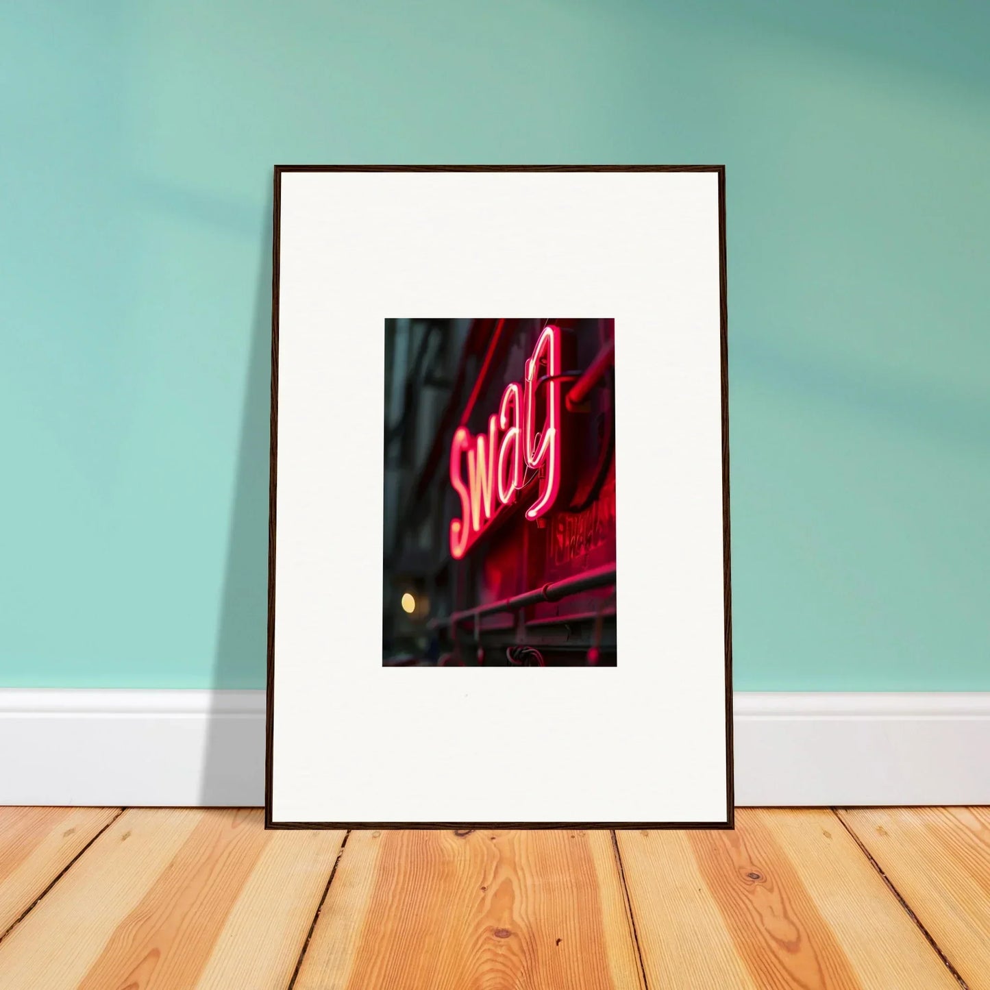 Framed wall art featuring a neon Swag sign for vibrant room decor