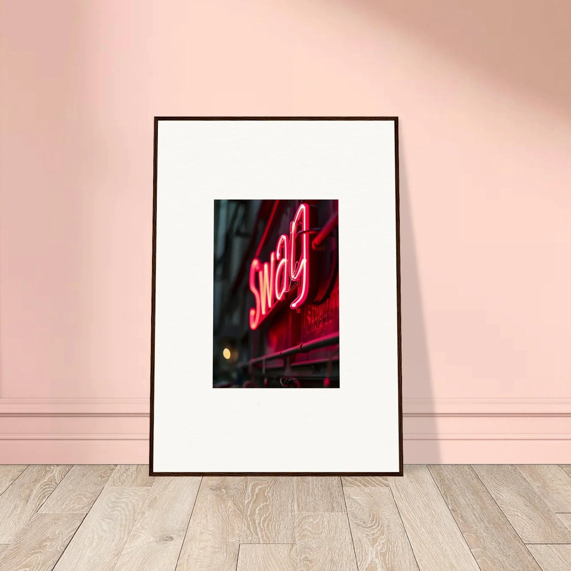 Framed wall art featuring a neon Swag sign for vibrant room decor