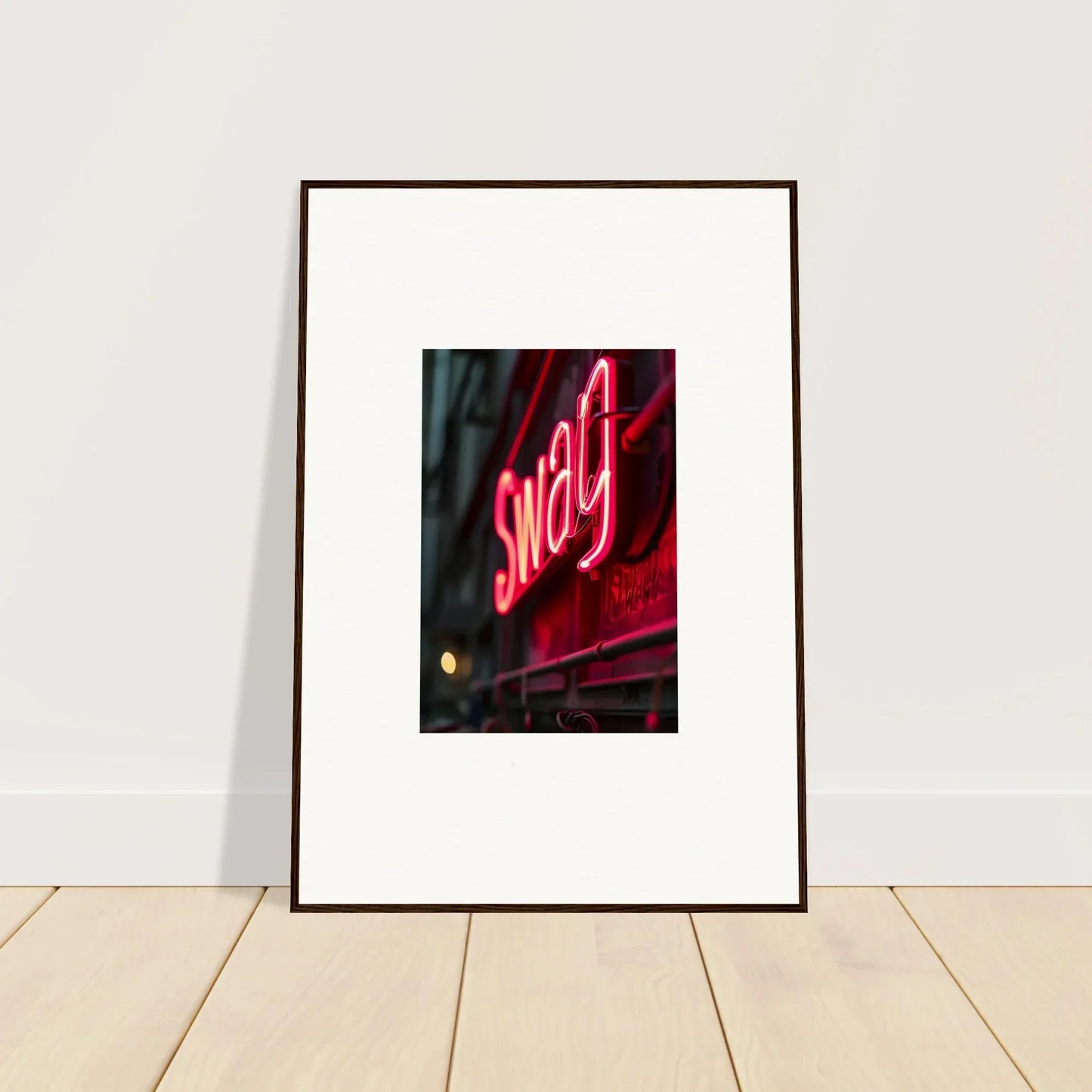 Framed wall art featuring a glowing red Sway neon sign for night vibrance room decor