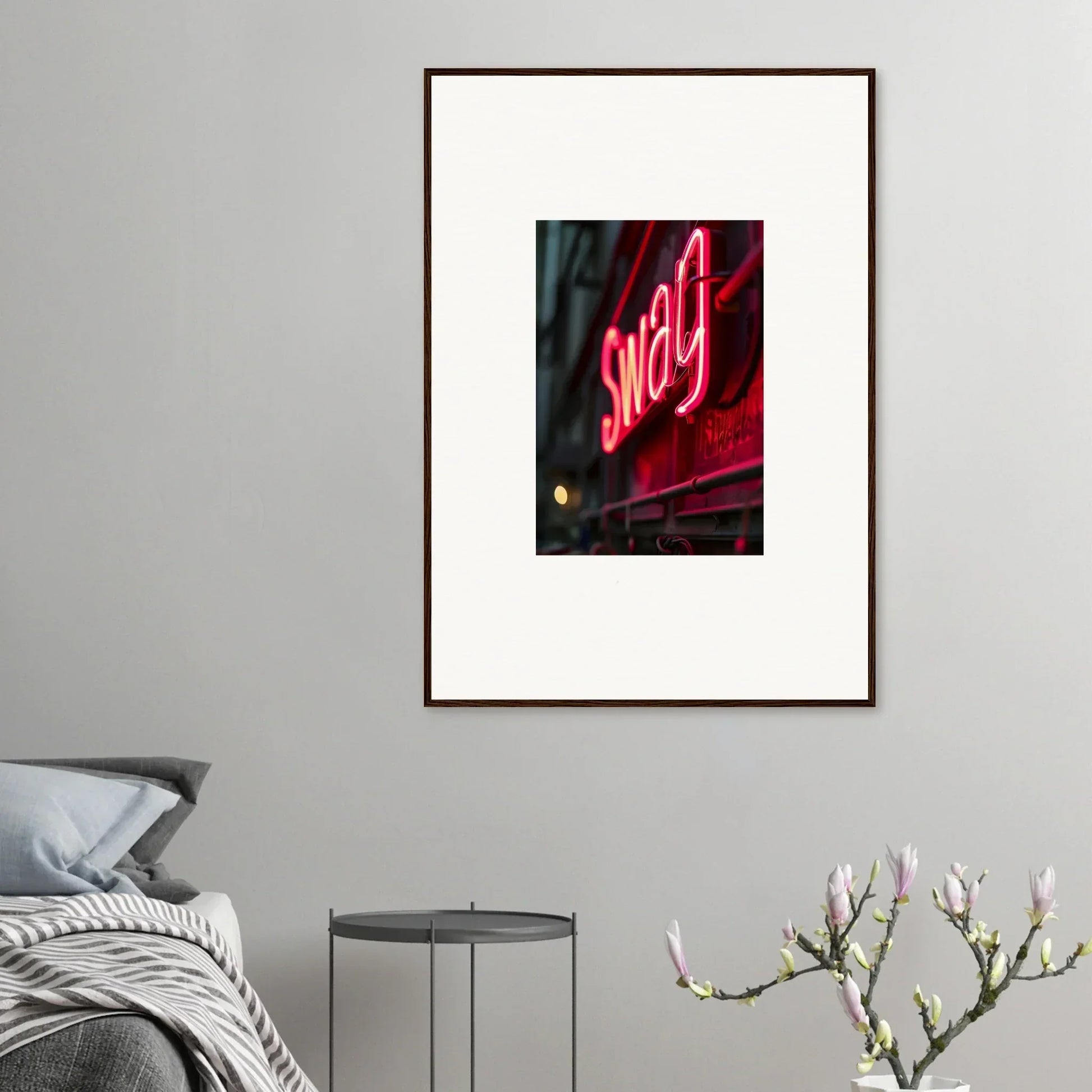 Framed wall art of a glowing red neon sway sign for vibrant room decor