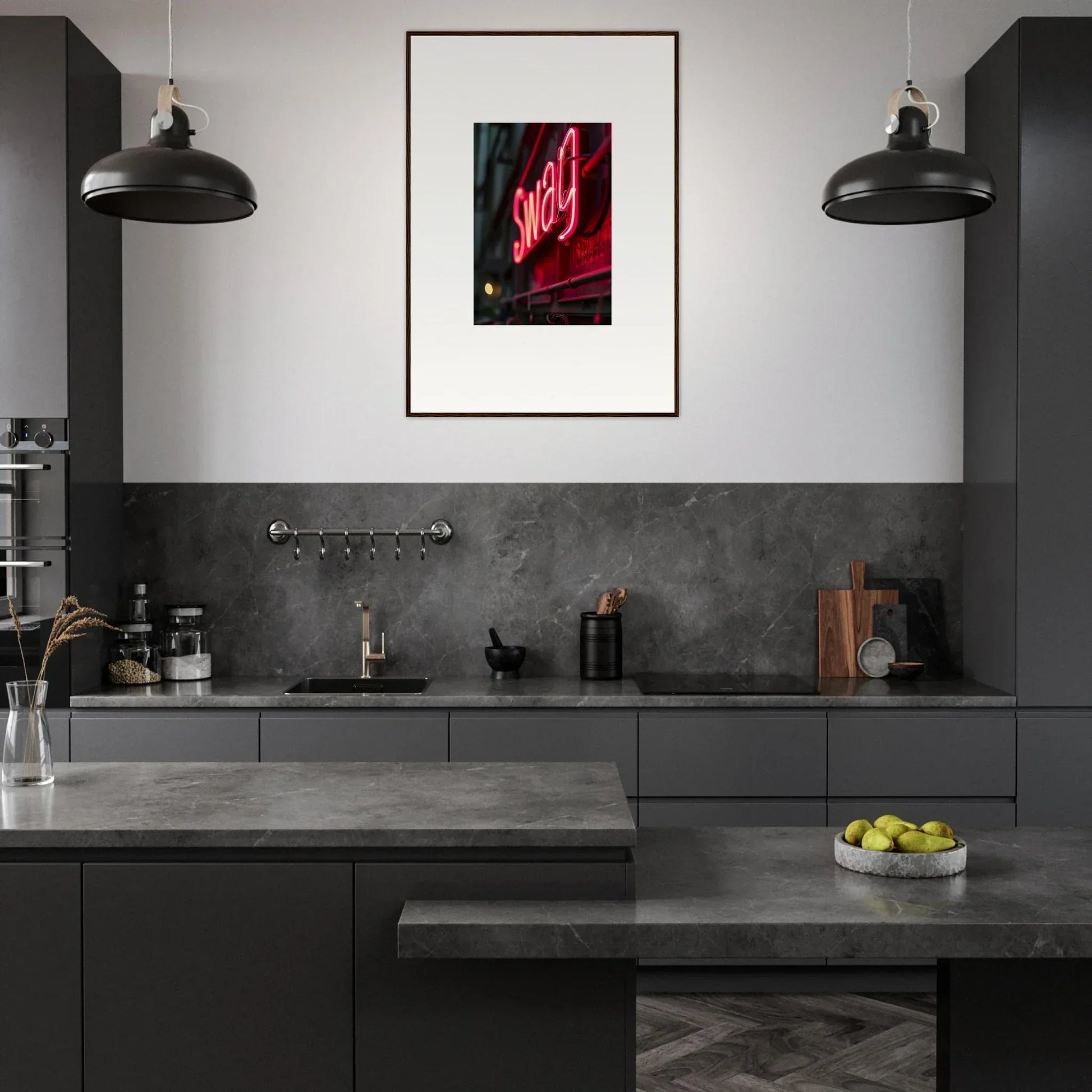 Modern kitchen with dark cabinetry featuring Night Vibrance framed wall art