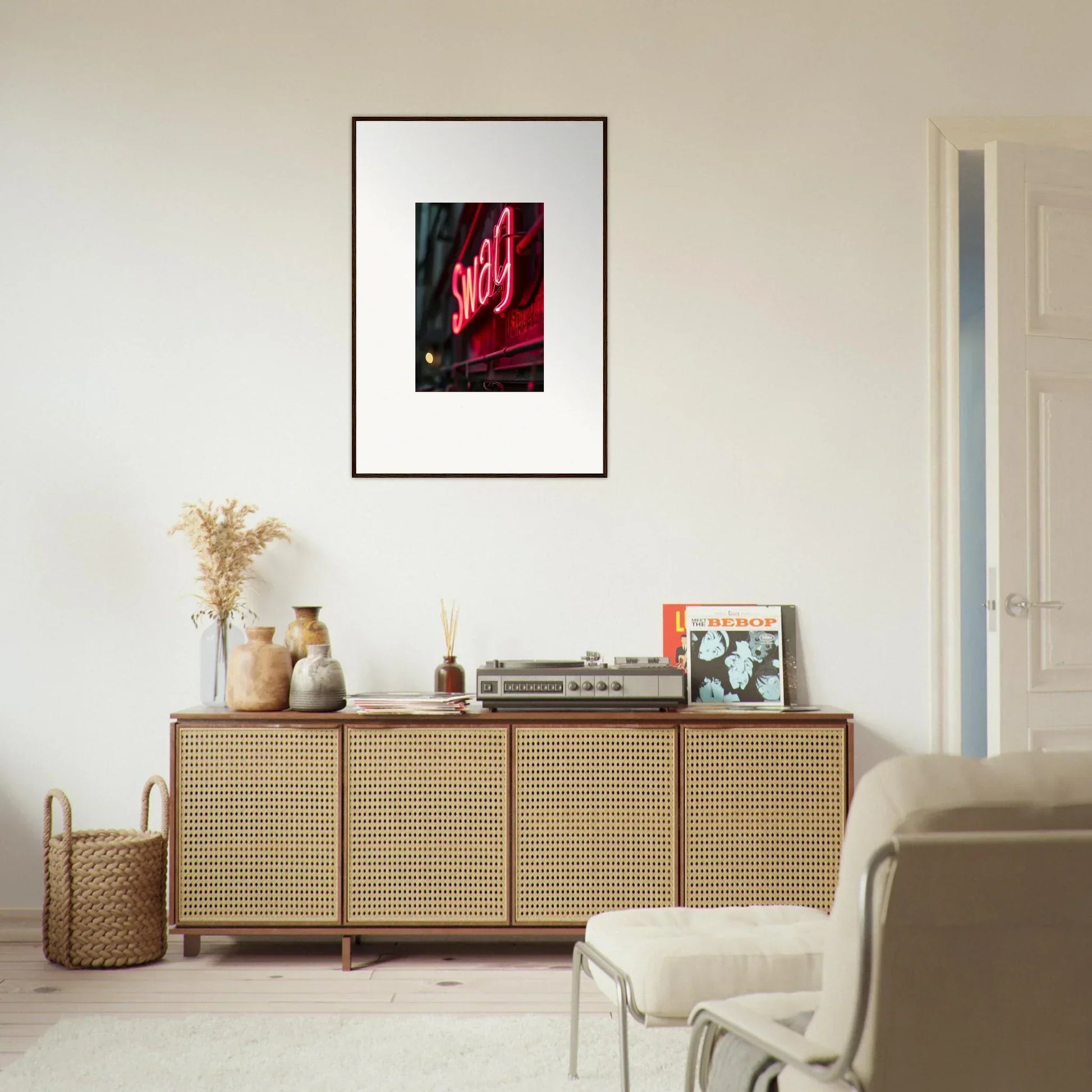 Wooden sideboard with cane-webbed doors enhancing room decor with vibrant accents