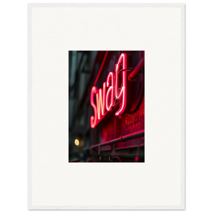 Neon sign with Swag in red letters for vibrant night decor and framed wall art