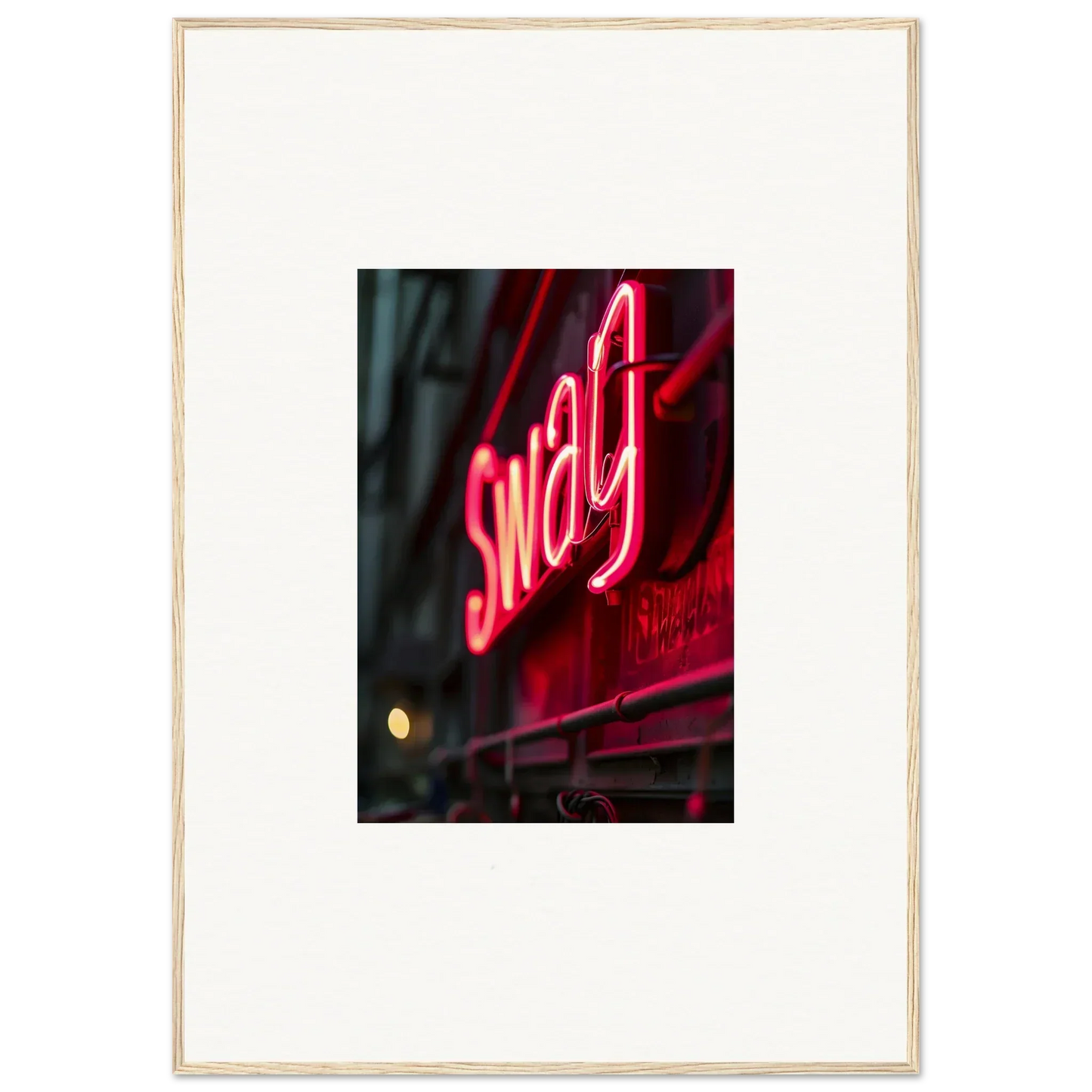 Glowing red neon sign spelling Sway in Lucid Night Vibrance framed wall art decor