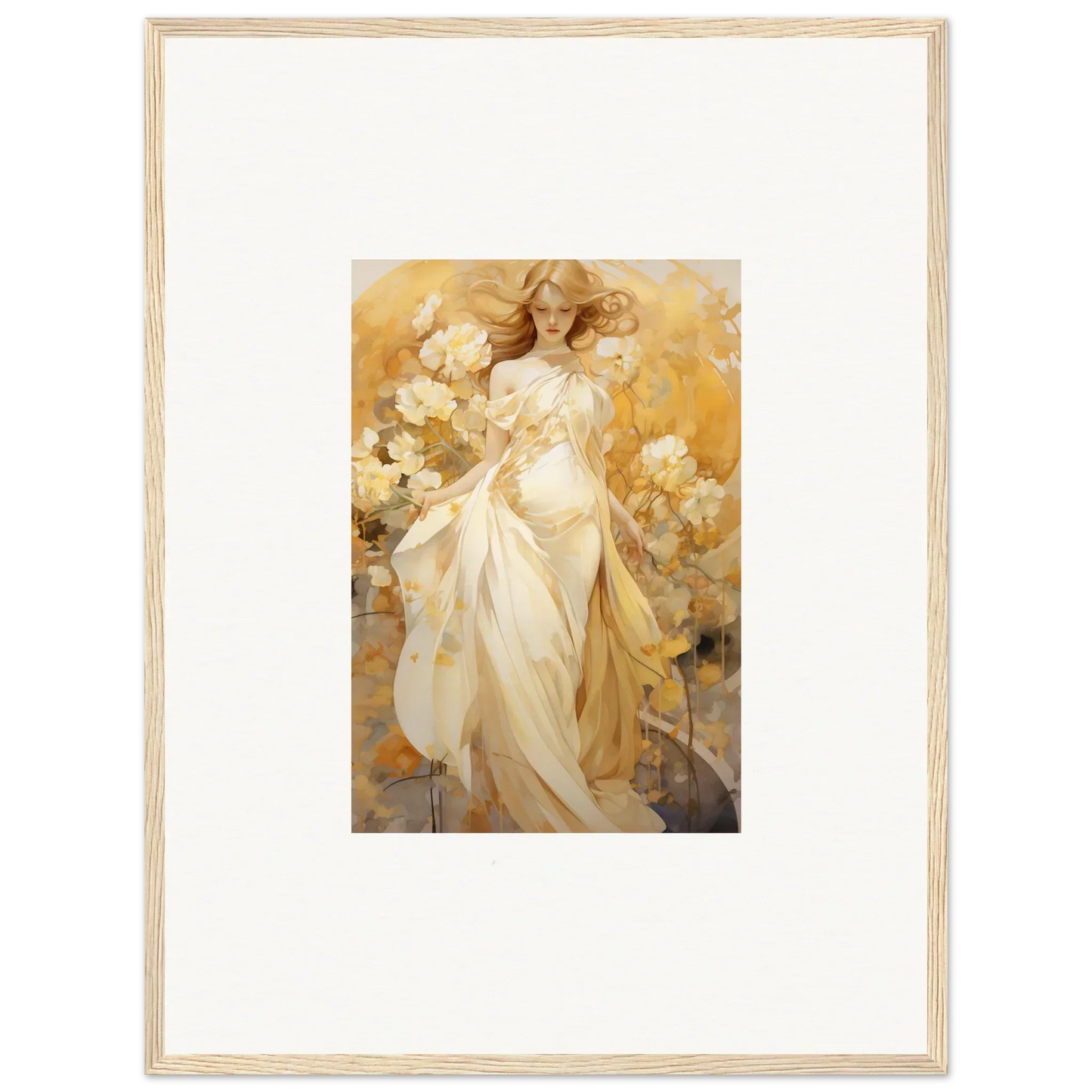 Framed canvas print of a woman in a white dress, perfect for your Silk Dream decor