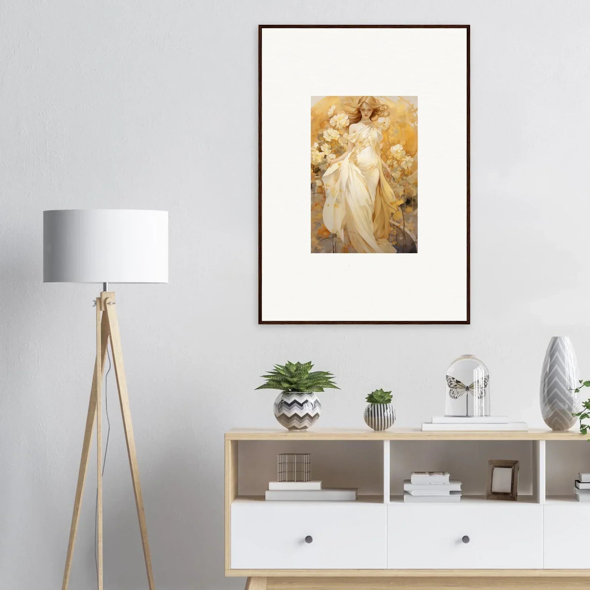 Framed canvas print of a silk dream featuring an ethereal female figure in golden hues