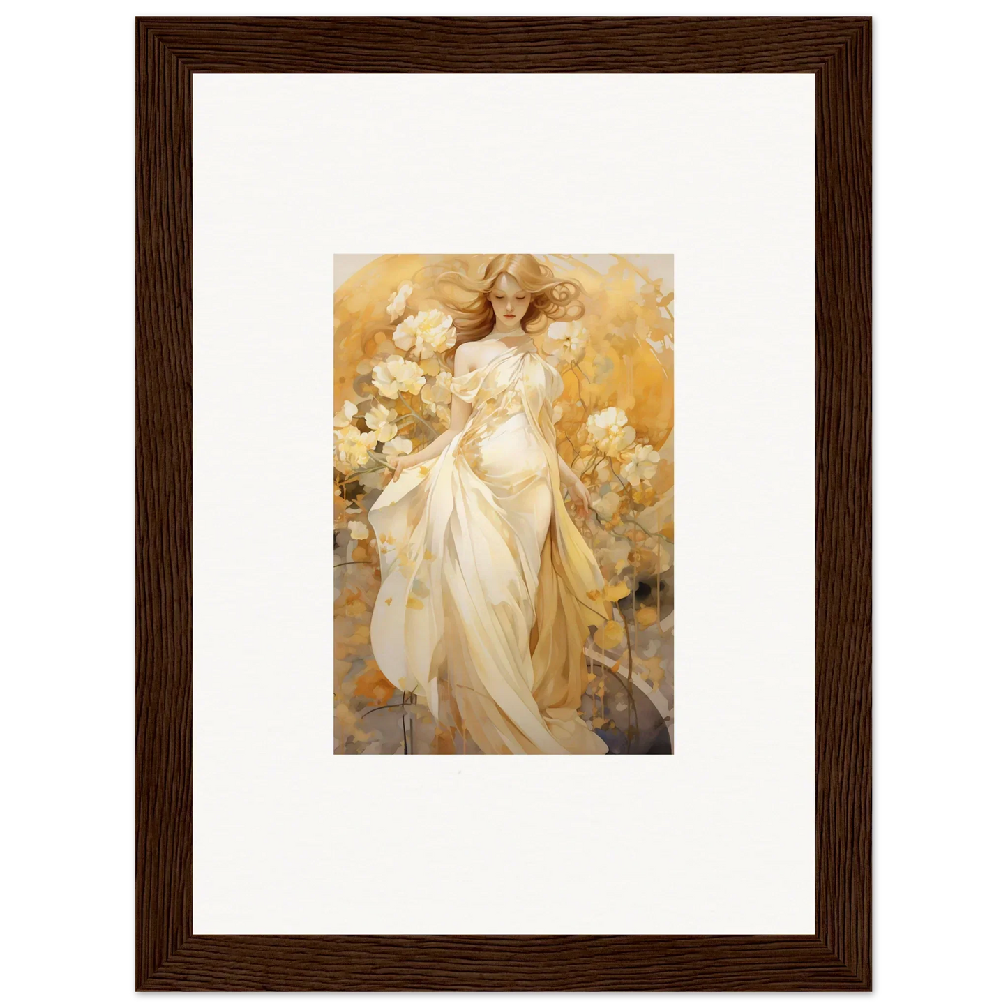 Framed canvas print of an ethereal woman in a silk dream with flowers, perfect room decoration