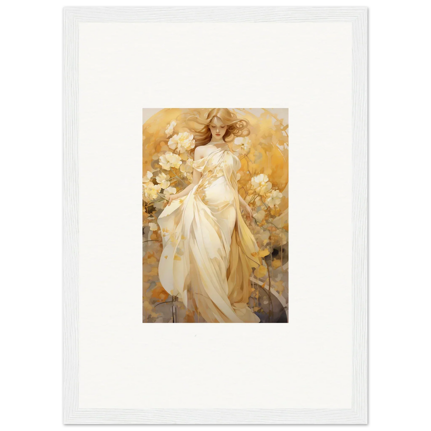 Ethereal woman in white dress among flowers, perfect for your silk dream room decoration