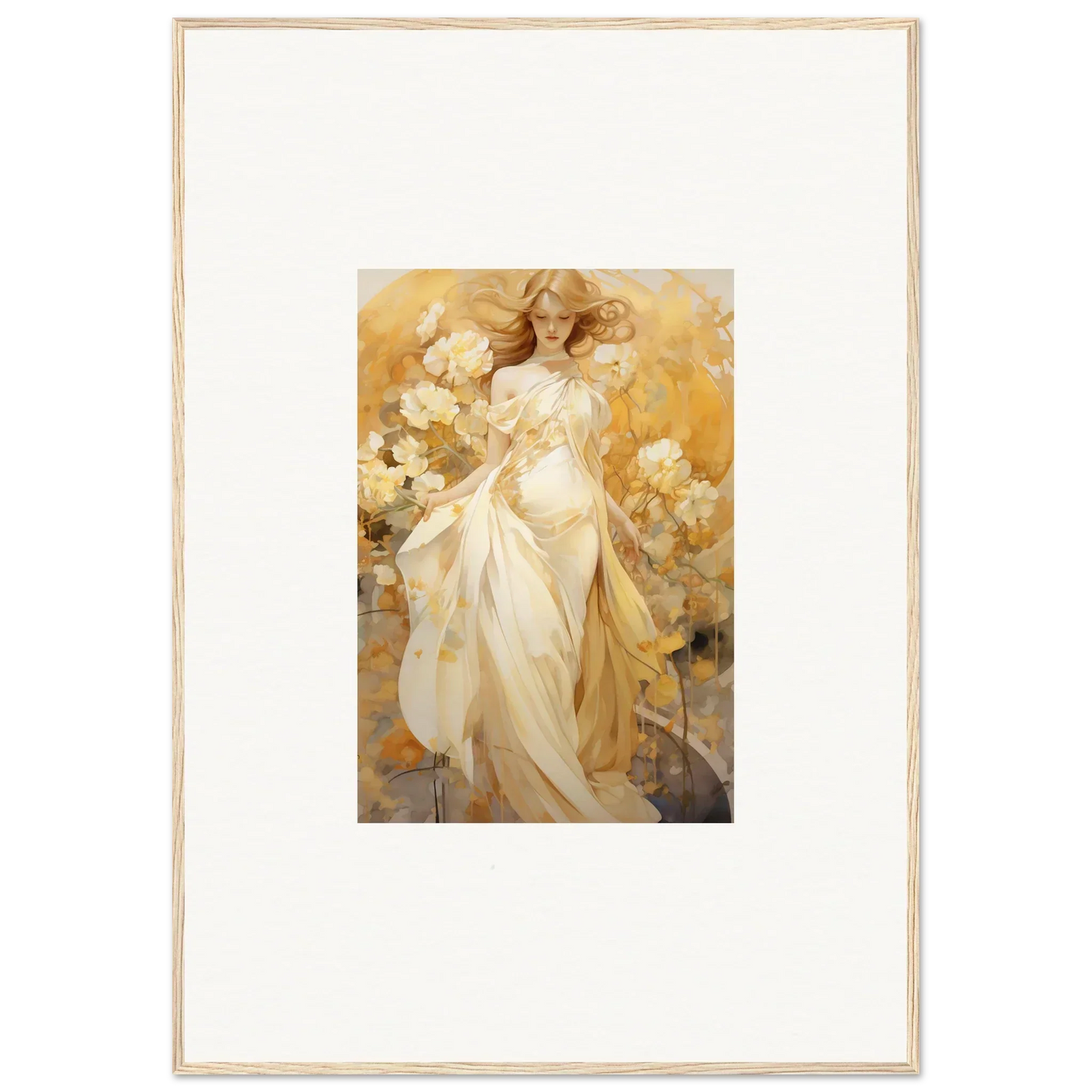 Framed canvas print of an ethereal woman in a silk dream surrounded by flowers