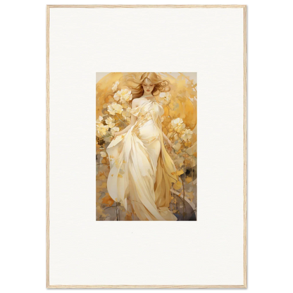 Framed canvas print of an ethereal woman in a silk dream surrounded by flowers