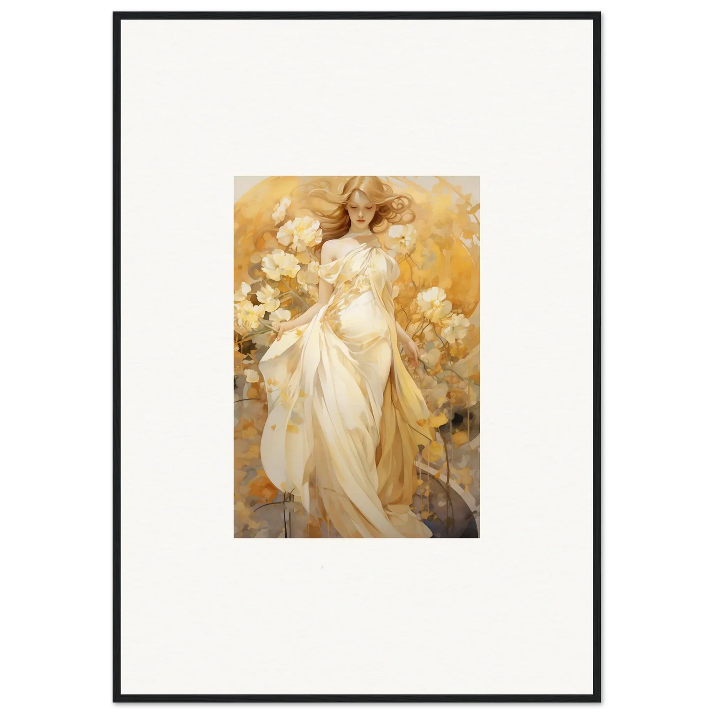 Framed canvas print of an ethereal woman in a silk dream white dress with golden flowers