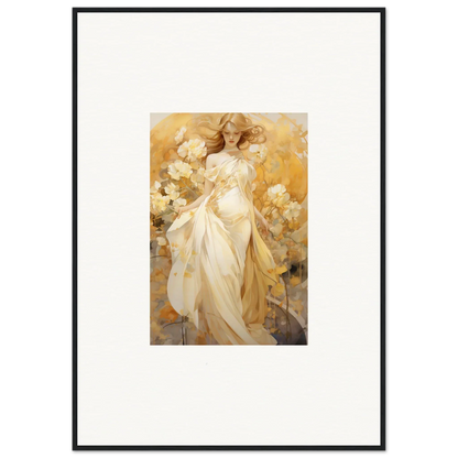 Framed canvas print of an ethereal woman in a silk dream white dress with golden flowers