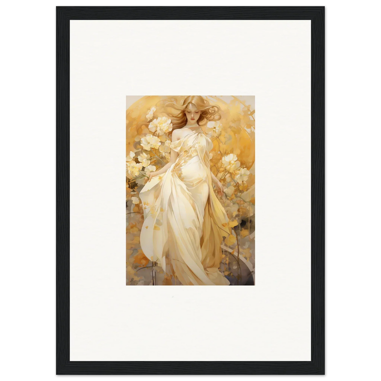 Framed canvas print of an ethereal woman in white and gold, perfect silk dream room decoration