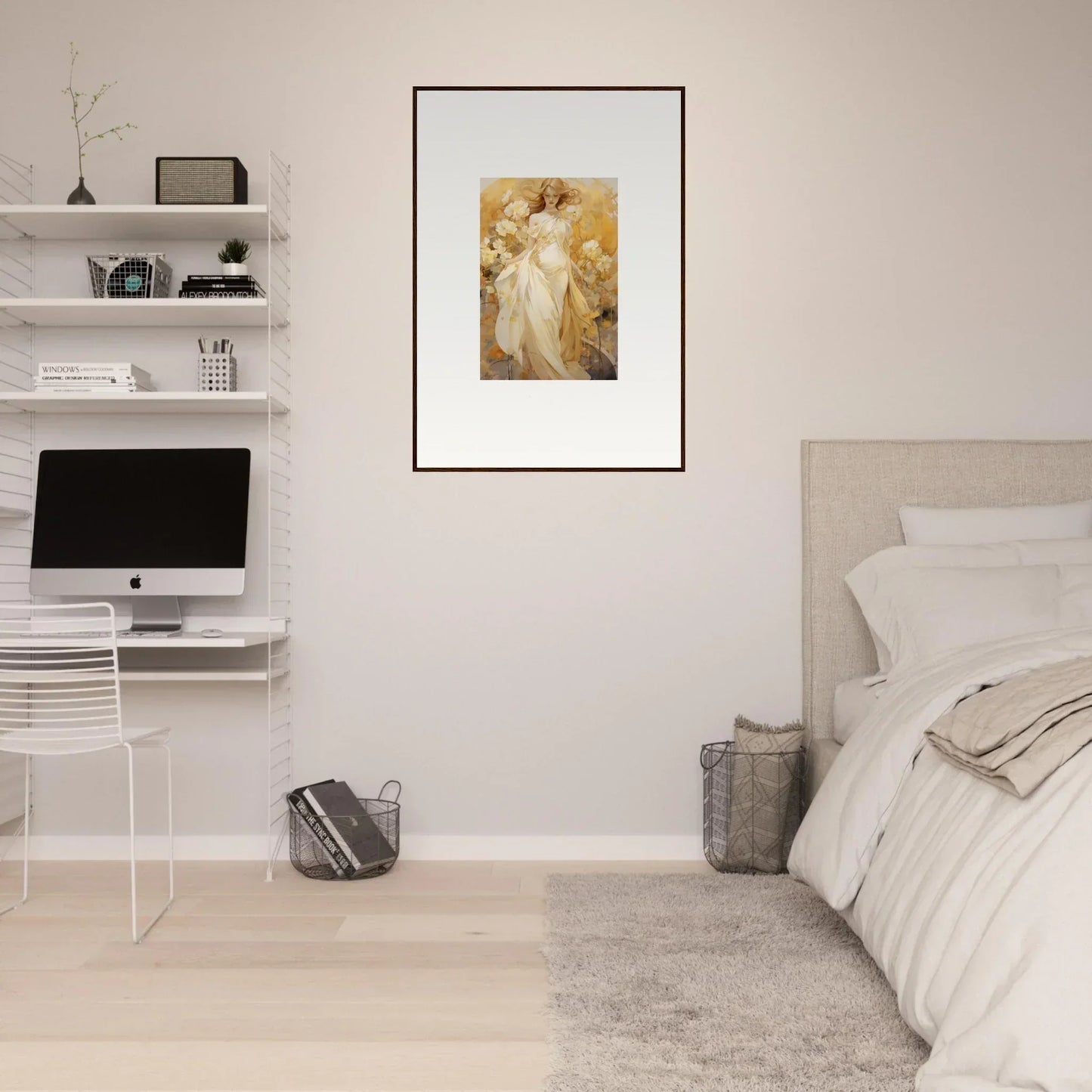 Framed canvas print of an angelic figure in golden hues for a silk dream room decoration