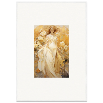 Ethereal woman in white dress with golden flowers, perfect for Silk Dream room decoration