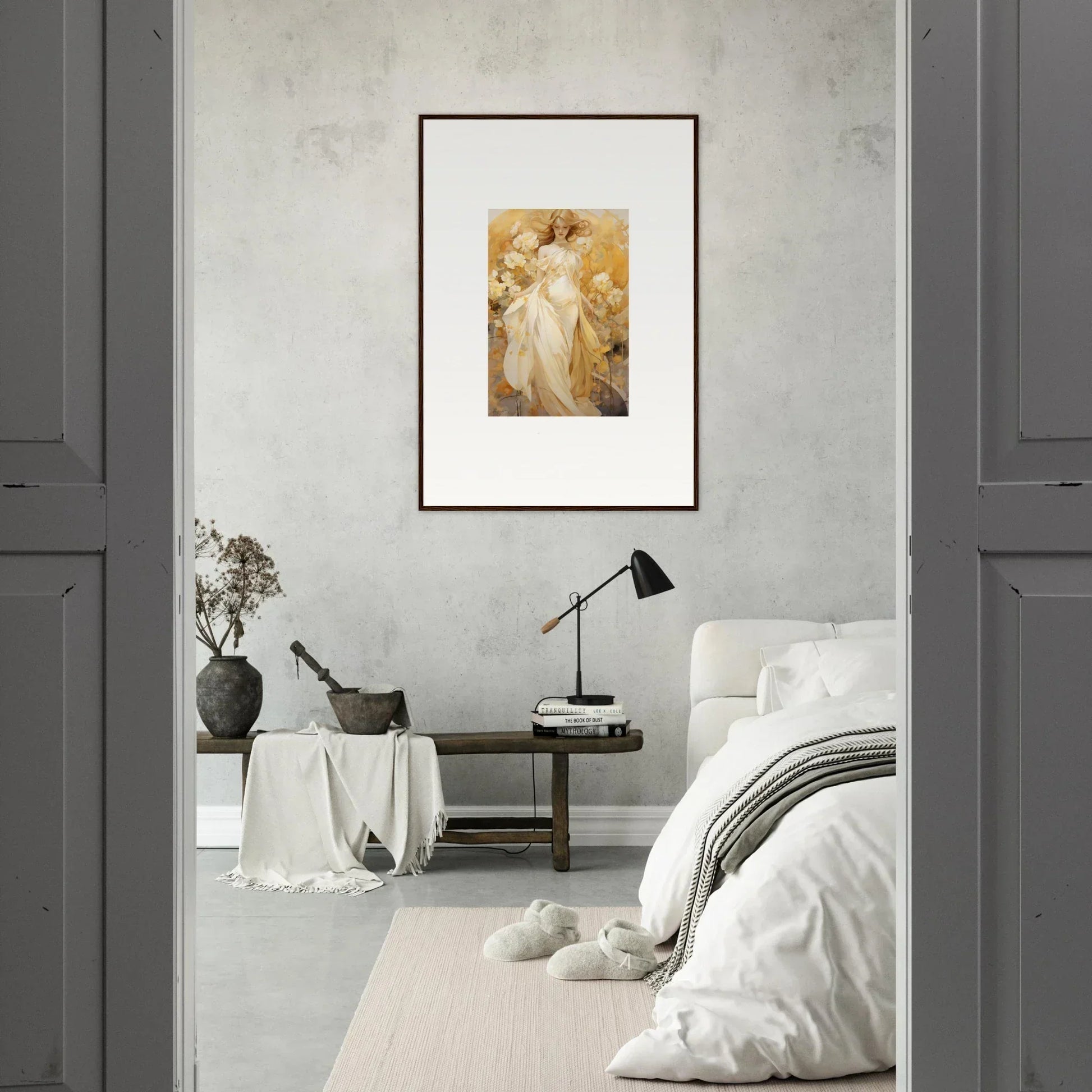 Framed canvas print of a figure in golden tones for stylish room decoration