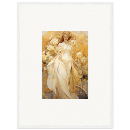 A beautiful canvas print of a woman in a silk dream dress among vibrant flowers