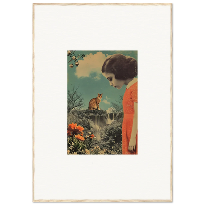 Framed vintage collage of a woman in an orange dress with a cat for room decoration