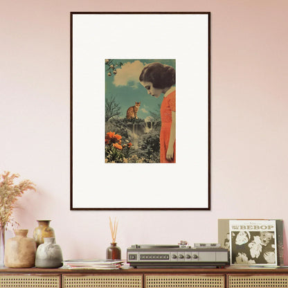 Framed canvas print of a woman in an orange dress observing a fox in Cerebral Gardens