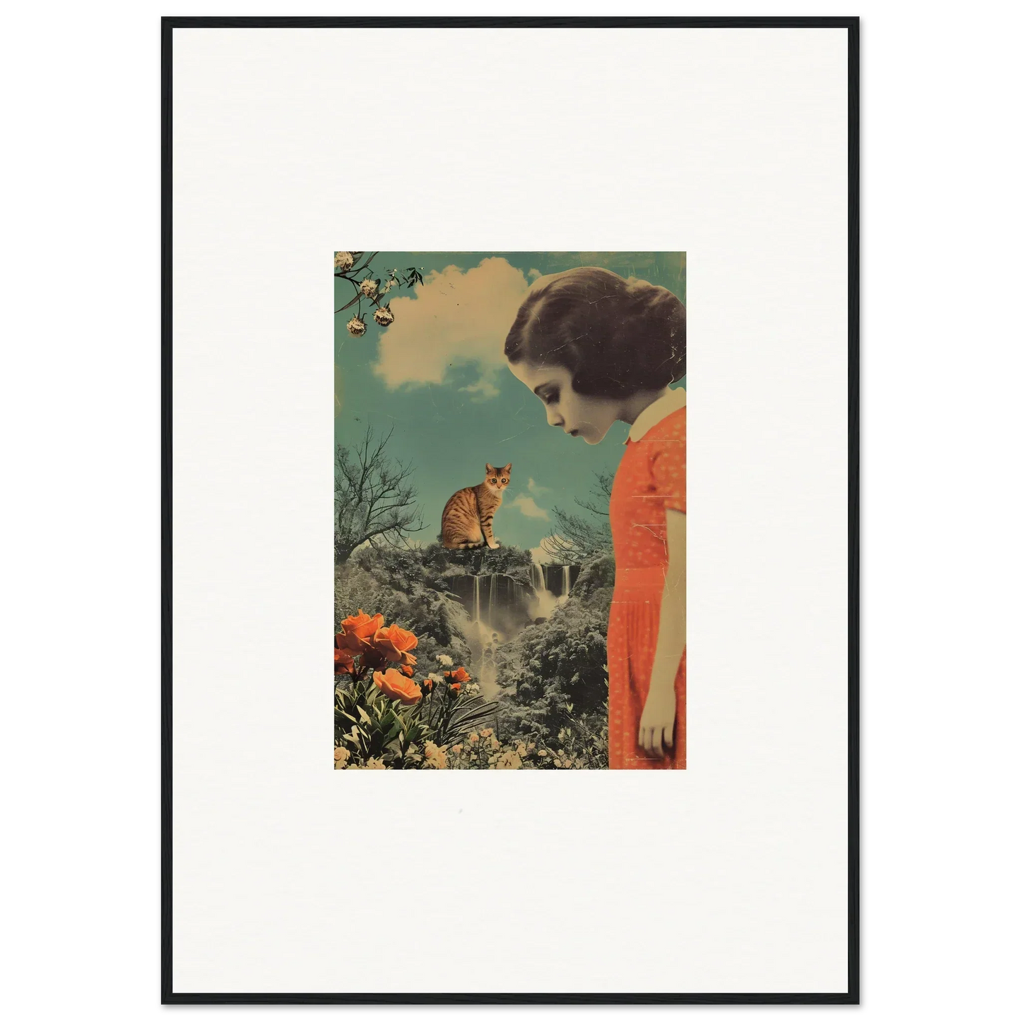 Framed vintage collage of a woman in an orange dress by a cat, perfect for cerebral gardens