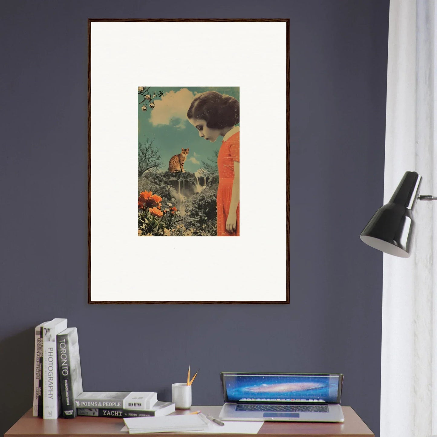 Framed canvas print of a person in orange gazing at an animal in surreal Cerebral Gardens