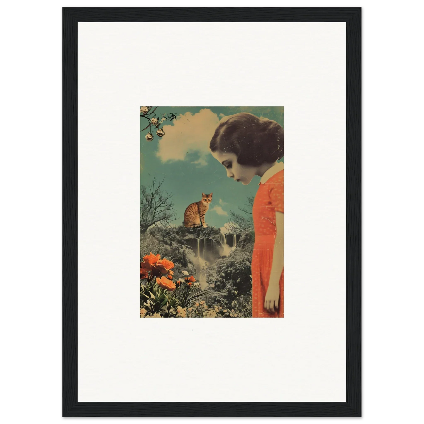 Framed canvas print of a woman in an orange dress gazing at a cat in cerebral gardens