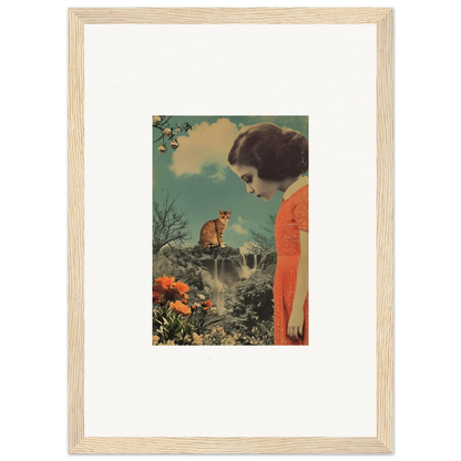 Framed canvas print of a person in an orange top admiring a cat in cerebral gardens