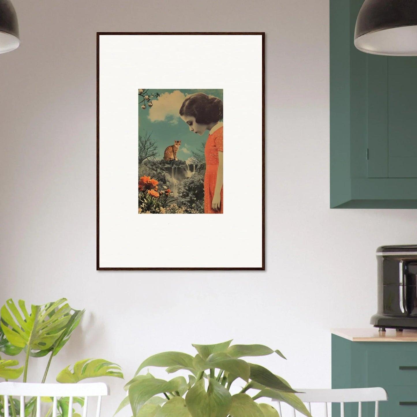 Framed canvas print of a woman in orange admiring a bird in vibrant cerebral gardens