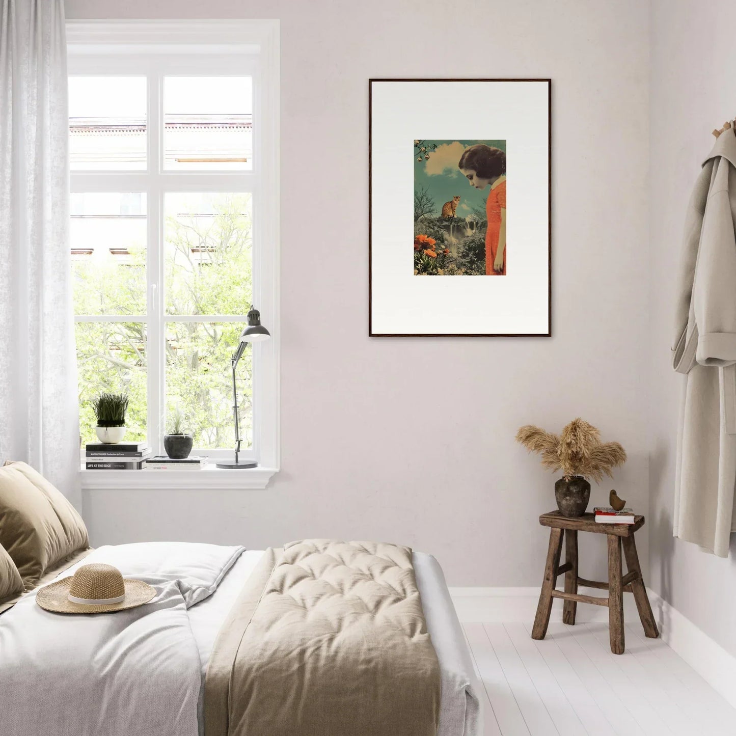 Bright airy bedroom featuring minimalist decor and a stunning canvas print from Cerebral Gardens