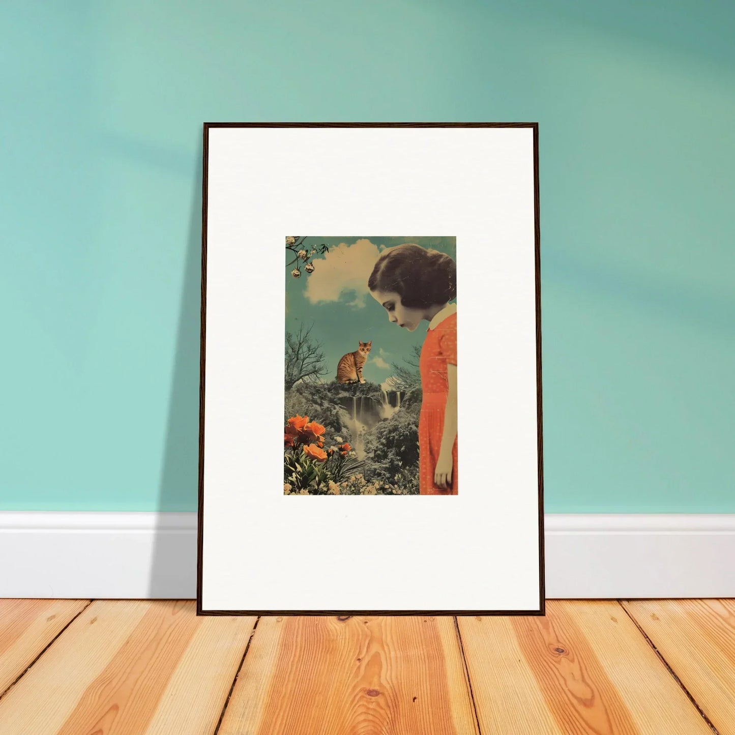 Framed canvas print of a person in orange admiring a small animal in Cerebral Gardens