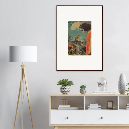 Framed vintage artwork of a person in orange and deer, perfect for cerebral gardens room decoration