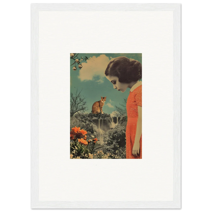 Framed vintage artwork of a woman in an orange dress with a cat, perfect for cerebral gardens decor