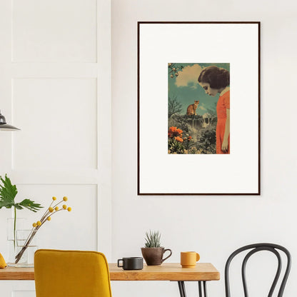 Framed canvas print of a person in orange with a bird, perfect for cerebral gardens decor