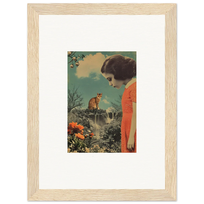 Framed vintage-style canvas print of a woman in orange dress with a cat, perfect for cerebral gardens