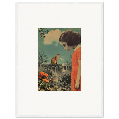 Vintage-style canvas print of a woman in an orange dress with a cat in cerebral gardens