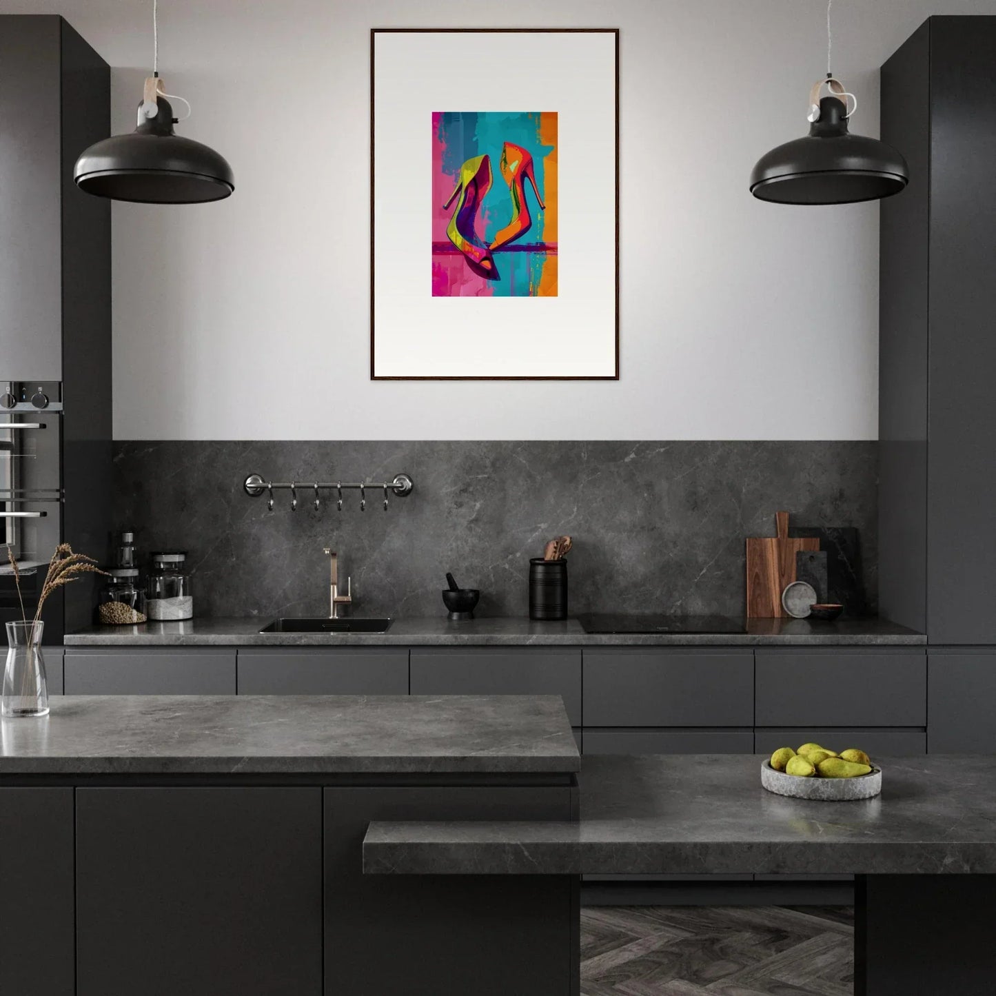 Modern kitchen with dark cabinets and Luminous Enigma Dance canvas print for room decoration