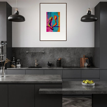 Modern kitchen with dark cabinets and Luminous Enigma Dance canvas print for room decoration