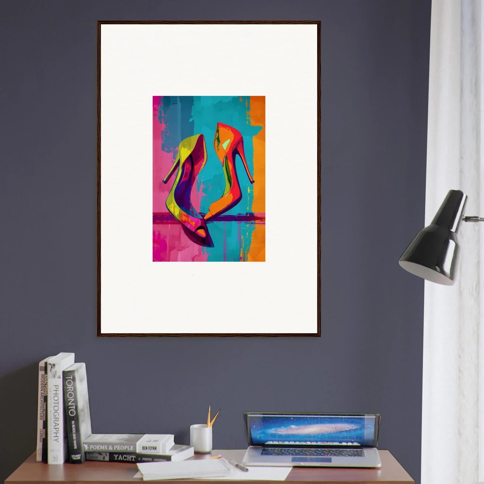 Colorful canvas print of high-heeled shoes for vibrant room decoration, Enigma Dance style