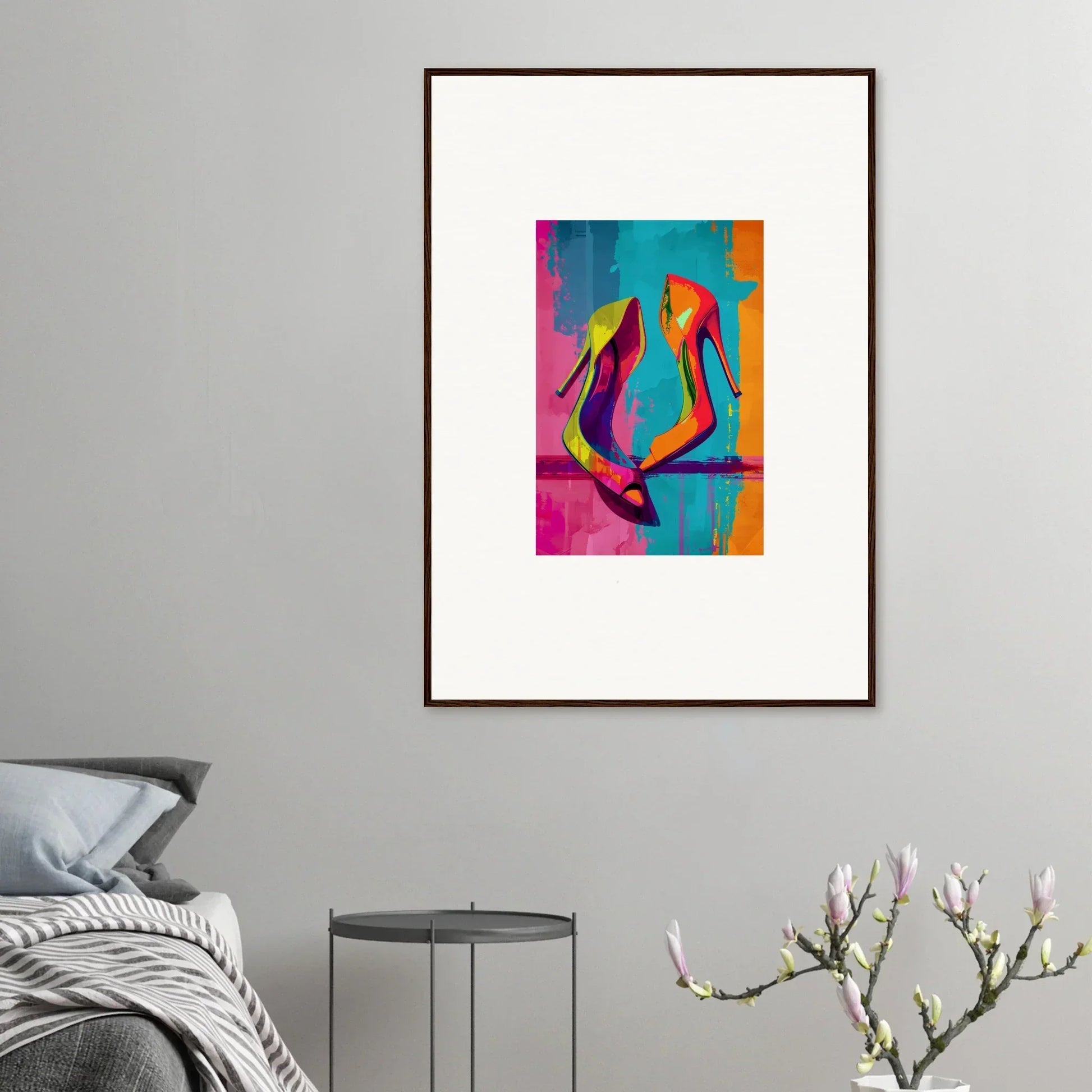 Colorful abstract canvas print of high-heeled shoes perfect for enigma dance room decoration