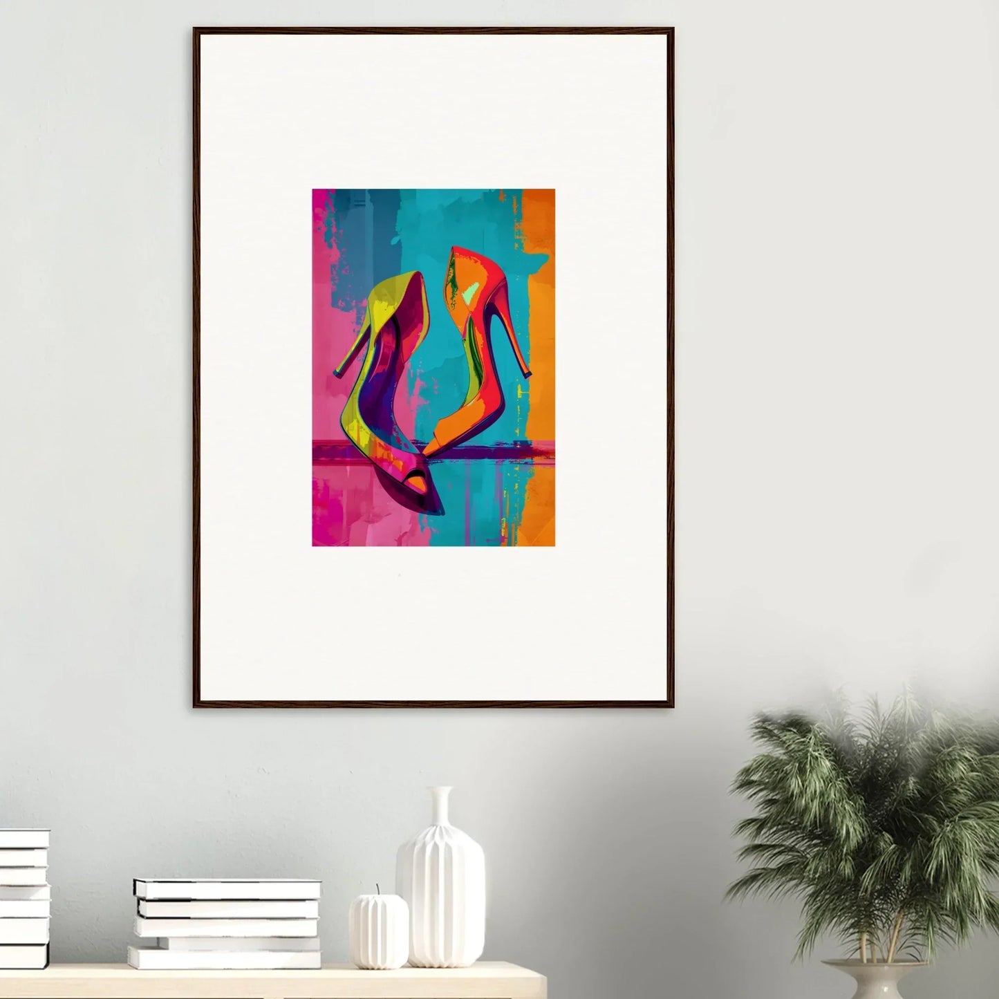 Colorful abstract canvas print of high-heeled shoes for quirky room decoration